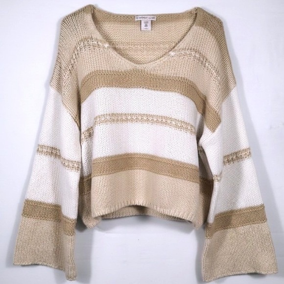 Sincerely Jules Women Beige White Striped Chunky Knit V-Neck Cropped Sweater M - Picture 2 of 6